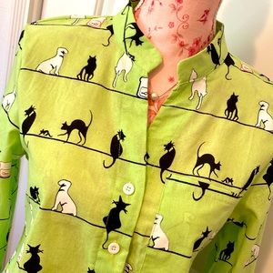 CATS Cats all over button down long sleeve single pocket cotton linen NEW blouse